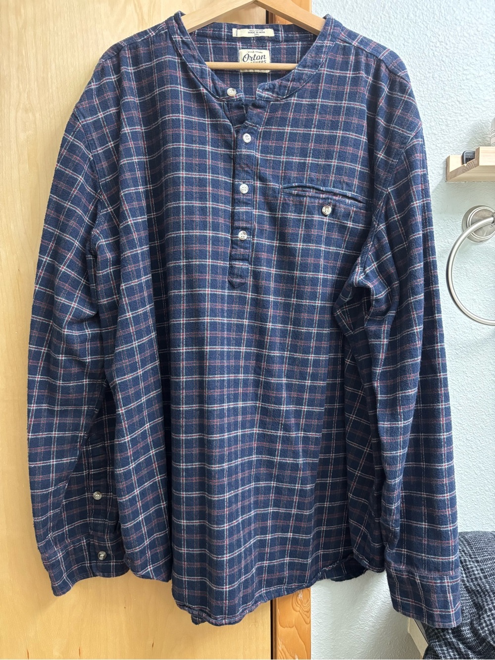 Orton Brothers Navy Plaid Henley Button-Down Flannel Shirt
